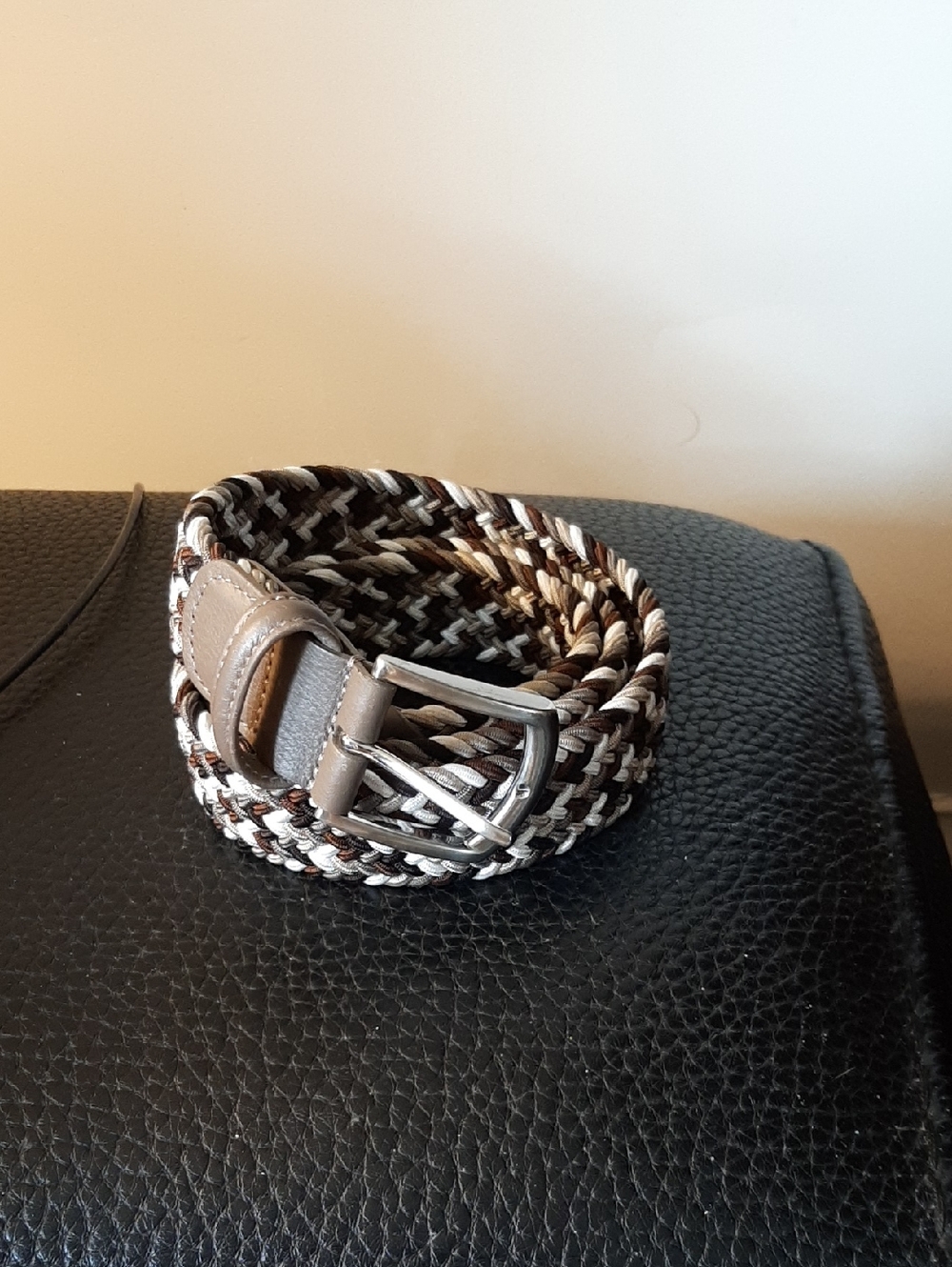 Men's Anderson Made In ITALY Woven Belt Taupe Leather Trim Sz 38 M - L